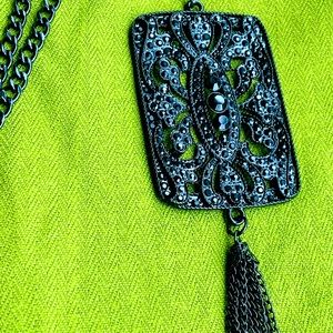 •Long Black Statement Necklace with Talisman•